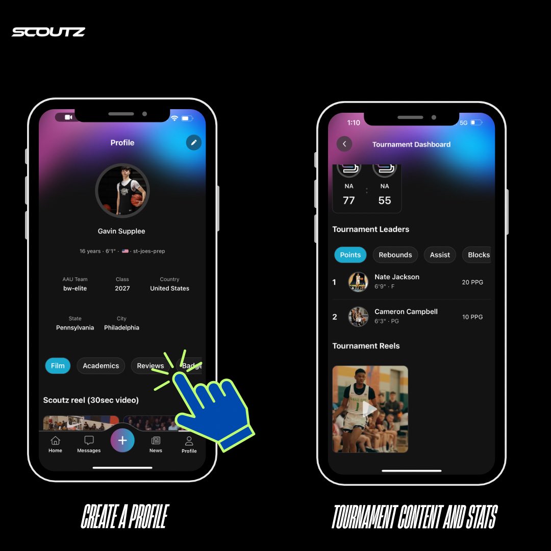 Scoutz app features showing profile creation and tournament dashboard with live stats and leaderboards