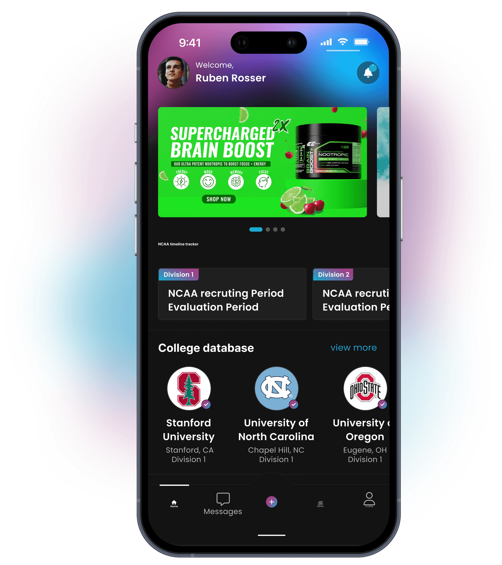 Scoutz app preview showing player dashboard with college database and recruiting timeline